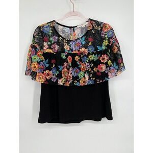 Rise & Bloom Floral Lace Cape Top Black Blouse Party Cocktail Medium‎
